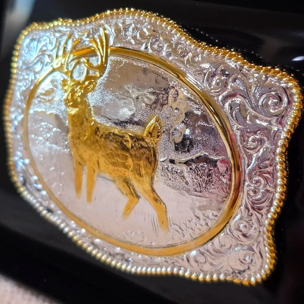 Vintage Crumrine NIB Western Whitetail Deer Silver Gold Rectangle Belt Buckle